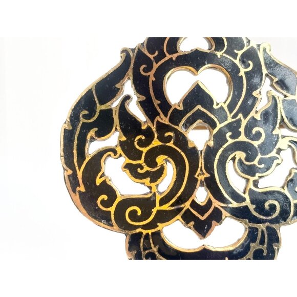 Siam Made Cloissone Gold Toned Black Enamel Ornate Vintage Cutout Brooch Pin - Picture 7 of 10